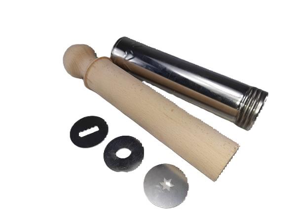 Cookie press / cake press with 3 inserts, aluminium and beech