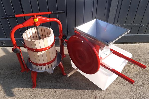 Mosterisæt - 20 liters stempelpresse inkl. pressesæk og 20 liters frugtmølle