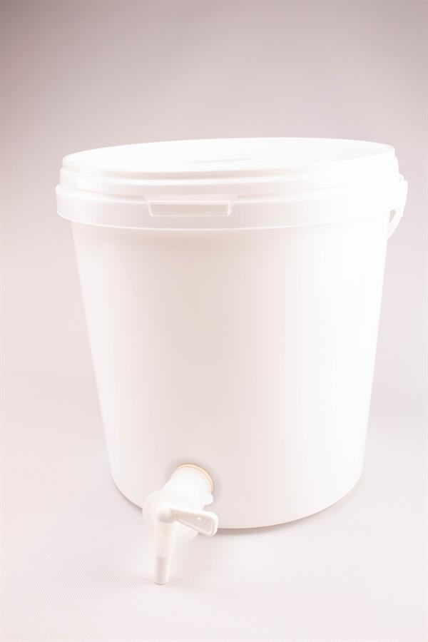 Spand med tappehane, hank og låg, 10 liter, hvid